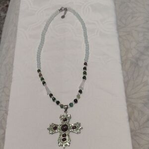 Silver Cross Pendant Necklace with Green and Purple Beads